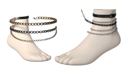 Two disembodied feet mannequins, each adorned with layered metal chain anklets