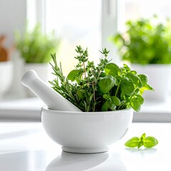 Fresh Herbs in Mortar and Pestle on Kitchen Countertop