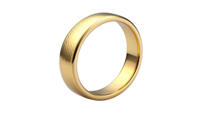 A close-up of a gold wedding band with a textured outer surface on black