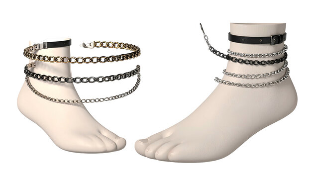 Two disembodied feet mannequins, each adorned with layered metal chain anklets