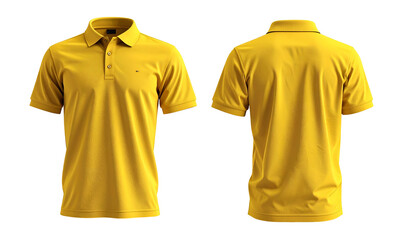 Front and back view of a yellow polo shirt with a collar, short sleeves, and buttons
