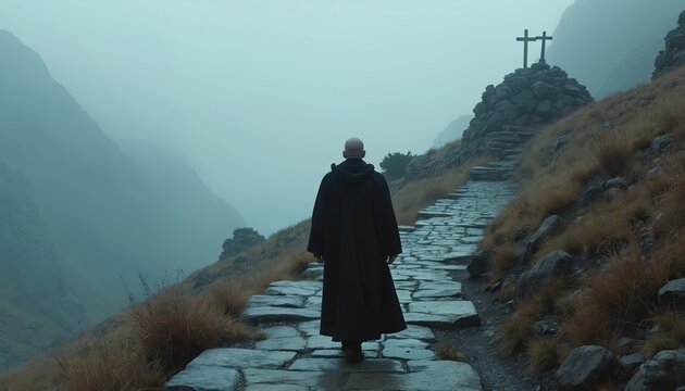 Bald man in black cassock walks mountain stone path. Foggy landscape reveals rocky terrain, grassy slopes, and a distant stone cross structure. Solitary journey towards spiritual summit.