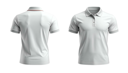Front and back views of a white polo shirt with short sleeves, collar and buttons