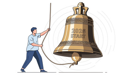 A young office employee rings a massive golden bell inscribed with "2026 START" signaling an important commencement, concept for business launch, new year resolution and stock market opening ceremony