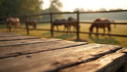 Obraz premium Rustic wood planks foreground blurred horses graze on grassy field beyond wooden fence. Warm morning sunlight bathes quiet pastoral farm scene. Peaceful rural countryside atmosphere.