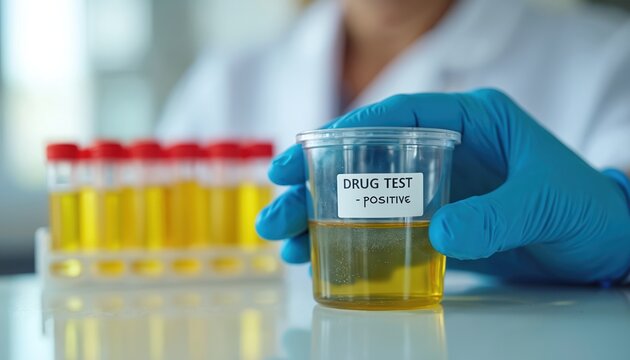 Scientist in blue glove holds urine sample cup labeled drug test positive. Lab tubes rack with yellow fluid in background. Medical checkup result.