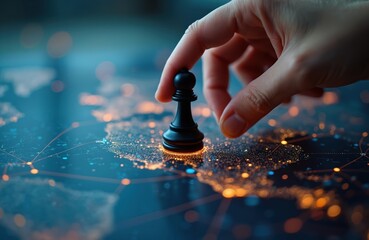 Hand moves chess pawn over digital world map graphic. Global strategy and planning represented by game piece on abstract data network. Represents business decisions and complex planning.