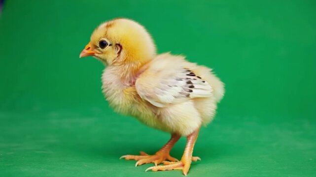 A fluffy yellow chick stands on a green background looking to the left side of the frame shot in studio chicken green screen video
