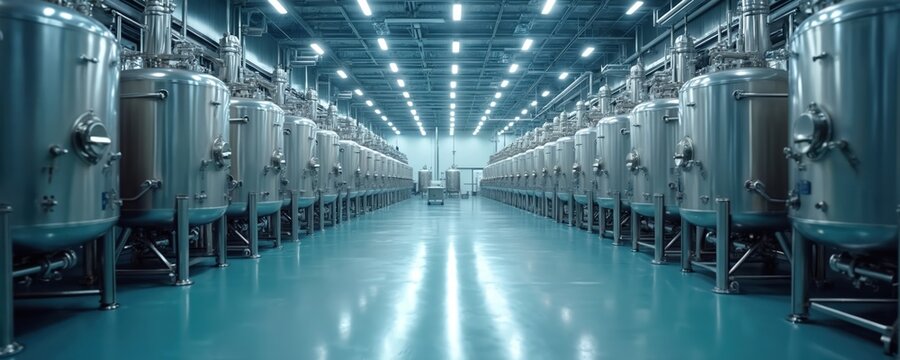 Large clean industrial bioreactor tanks in row inside sterile pharmaceutical manufacturing plant. Advanced biotech facility for medicine production. Science lab equipment for pharma.
