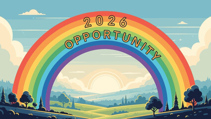 Retro illustration of a vibrant rainbow with "2026 Opportunity" text arching over a serene landscape background, concept for new year planning, future goal setting and financial growth promotion