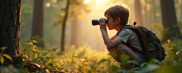 Young boy hikes in forest with backpack, using binoculars to observe nature and wildlife. Child explores trees and plants in sunlight during daytime outdoor adventure.