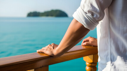 Person resting hands on wooden boat railing overlooking Kepulauan Anambas sea