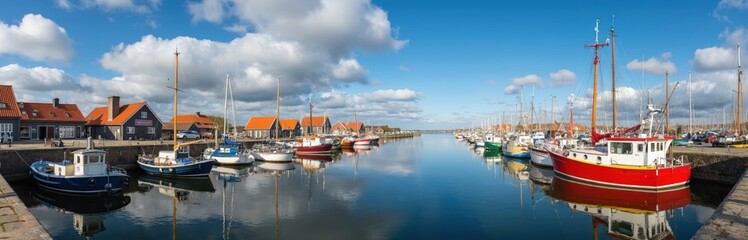 Fototapeta premium Wide panorama of Neuharlingersiel port with boats docked. Red and blue ships line tranquil blue water under cloudy sky. Traditional German coastal town buildings with orange roofs visible.