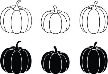 Pumpkin Silhouette and Line Art Vector Set for Halloween, Autumn Harvest, and Thanksgiving Design Elements