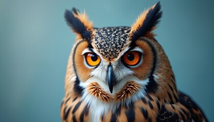 Obraz premium Close up portrait of a wise owl with striking orange eyes. This majestic bird of prey has intricate feather patterns and ear tufts. It looks directly at camera, showing perception.