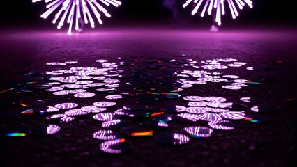 Abstract fireworks display with reflections in purple hues at night
