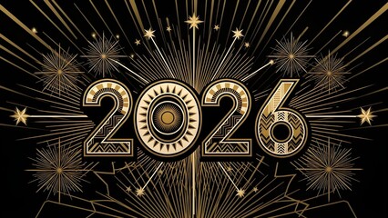 Art deco style 2026 typography with golden starbursts on black background