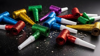 Colorful party blowers arranged on a dark surface ready for celebration