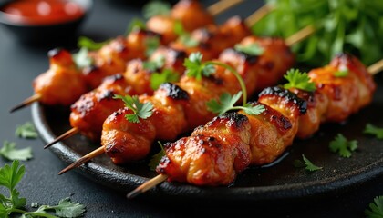 Tandoori chicken skewers are grilled and served on a dark plate with fresh cilantro garnish. This spicy Indian dish is perfect for lunch or dinner. Enjoy this flavorful meat kebab.