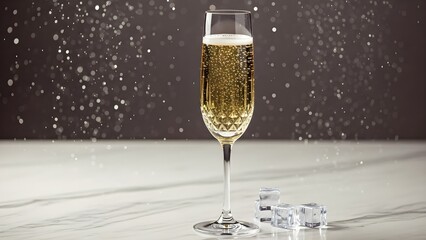 Elegant champagne glass with bubbles and ice cubes on marble surface