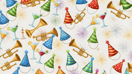 Festive pattern of party hats trumpets and cocktail glasses celebration