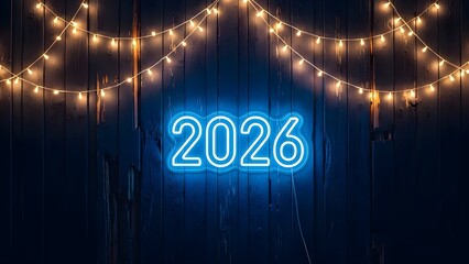 Neon 2026 sign lit against wood background with string lights