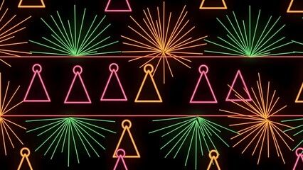 Neon geometric patterns on black background for design and decoration