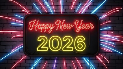 Neon sign displaying happy new year 2026 with bursting fireworks