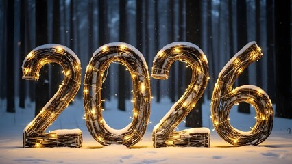 New year 2026 illuminated text in a snowy forest with festive lights