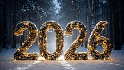 New year 2026 illuminated text in winter forest festive celebration concept