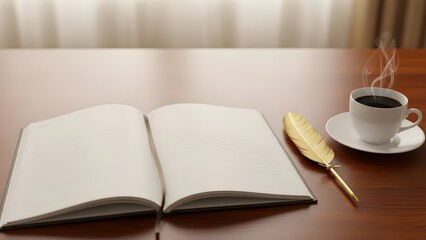 Open book coffee cup and quill pen on a wooden table copy space