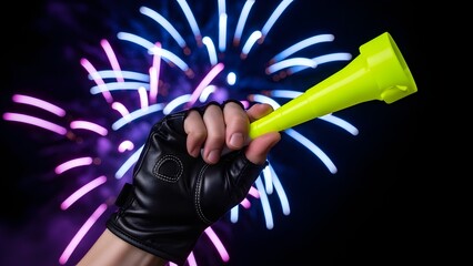 Person holding yellow noisemaker with fireworks in background on black