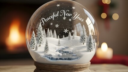 Snow globe with winter landscape and peaceful text decoration for the holidays