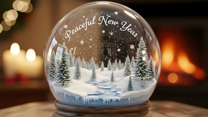 Snow globe scene with winter forest peaceful new year concept festive background