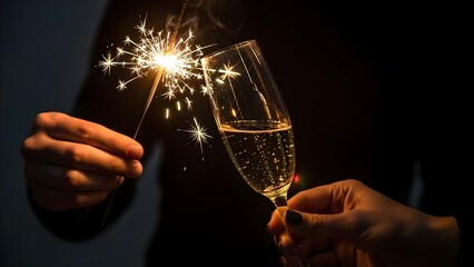 Sparkler illuminating champagne glass against a dark background celebration