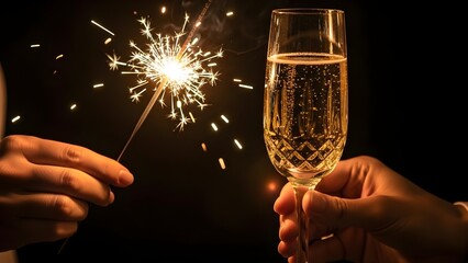 Sparkler ignites near champagne glass in celebration against a dark background