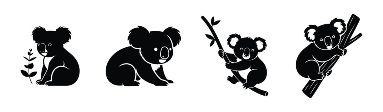 Collection of cute koala bear silhouettes in various poses for Australian wildlife designs