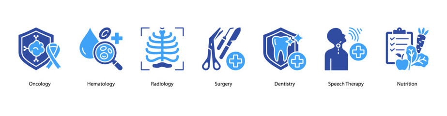 Clinical Treatment and Diagnosis web banner illustration featuring Oncology, Hematology, Radiology, Surgery, Dentistry, Speech Therapy, and Nutrition.