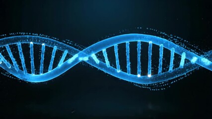 A stylized 3d illustration of a glowing blue dna double helix, composed of shimmering digital particles, dynamically representing genetic code against an abstract dark background. - Powered by Adobe