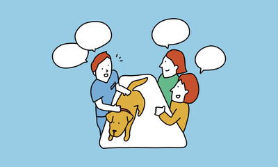 動物病院の診察室　飼い犬を獣医師に診てもらう家族のイラスト
