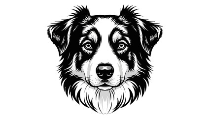 Detailed black and white illustration of an Australian Shepherd dog's head, facing forward with a symmetrical and expressive face.