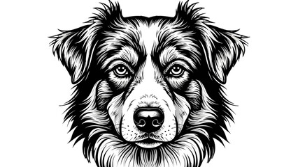 A striking black and white illustration of an Australian Shepherd dog's face, showcasing its detailed fur and intense gaze.