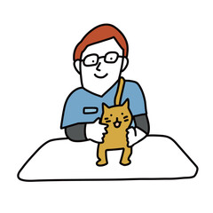 動物病院の診察室　患者の猫を診察する男性獣医師