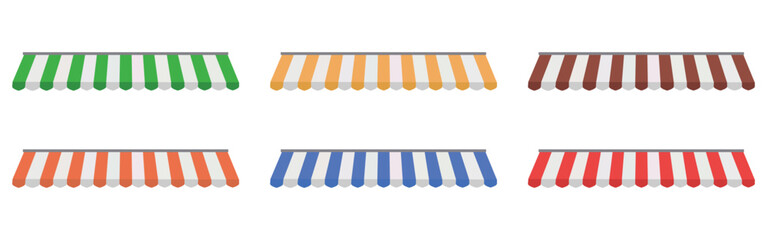“Colorful Striped Shop Awnings Collection – Red, Blue and White Store Canopy Vector Set”