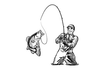 lineart illustration of a fisherman catching a fish
