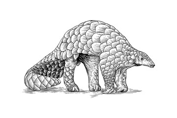 hand-drawn line art illustration of a pangolin