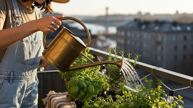 Gardener watering herbs on balcony with soft urban city view