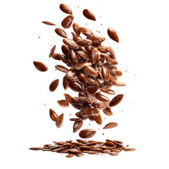 Cascading brown flax seeds captured in mid-air against a stark black background isolated on transparent background