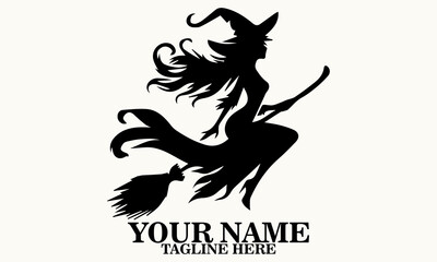 illustration vector of a female witch ride broom. witch hat vector logo design