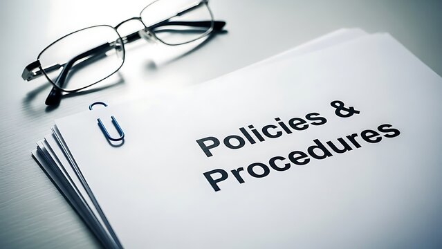 Stack of policies and procedures documents with reading glasses and paperclip nearby